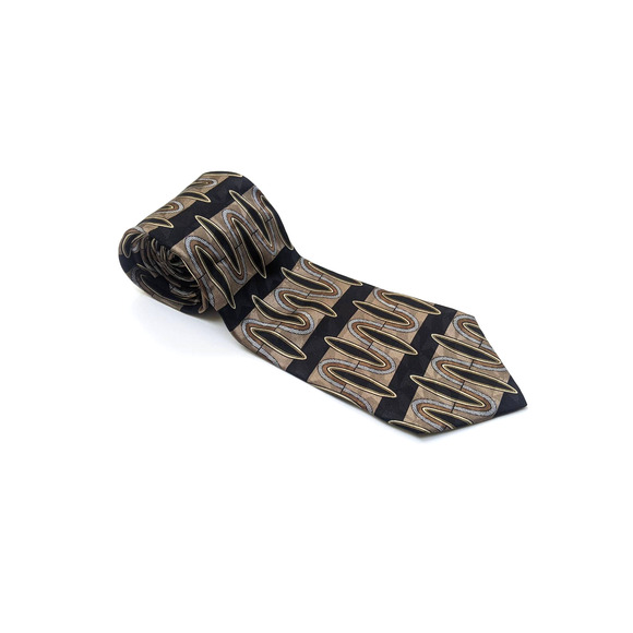 Vintage 80's 90s Louis Feraud Brown Black Abstract Geometric Print Silk Neck Tie - Picture 3 of 7